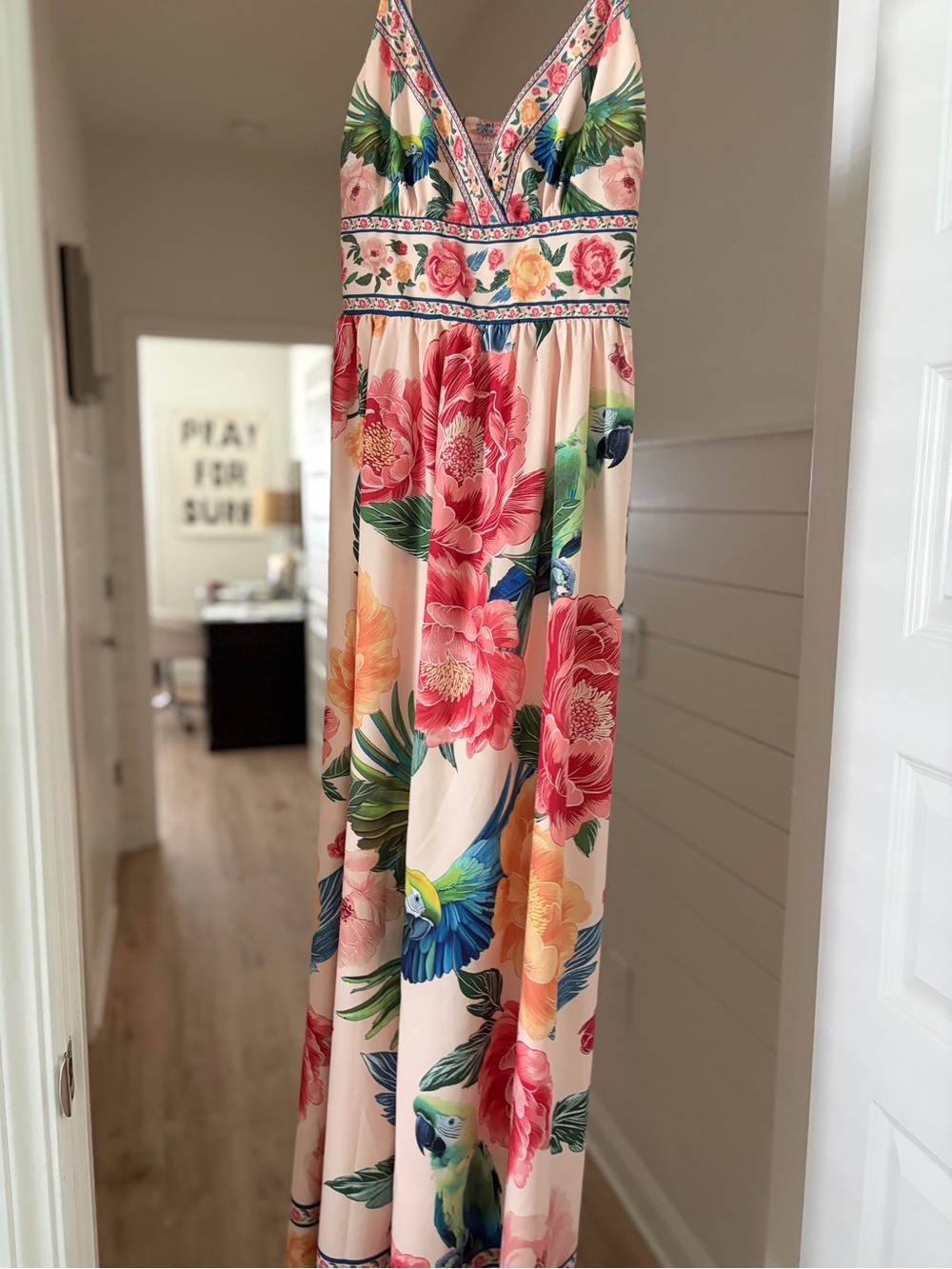Floral Tropical Maxi Dress in Peach with Pink & Green Accents
